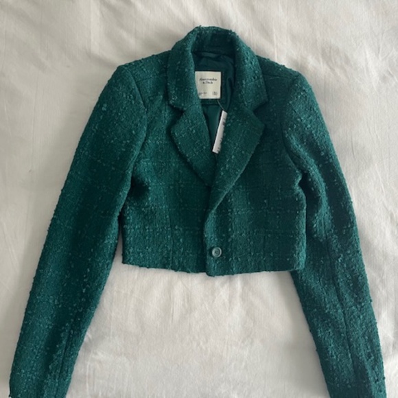 NWT Abercrombie & Fitch Tweed Crop Tailored Jacket Blazer Emerald Green XXS A&F - Picture 3 of 6